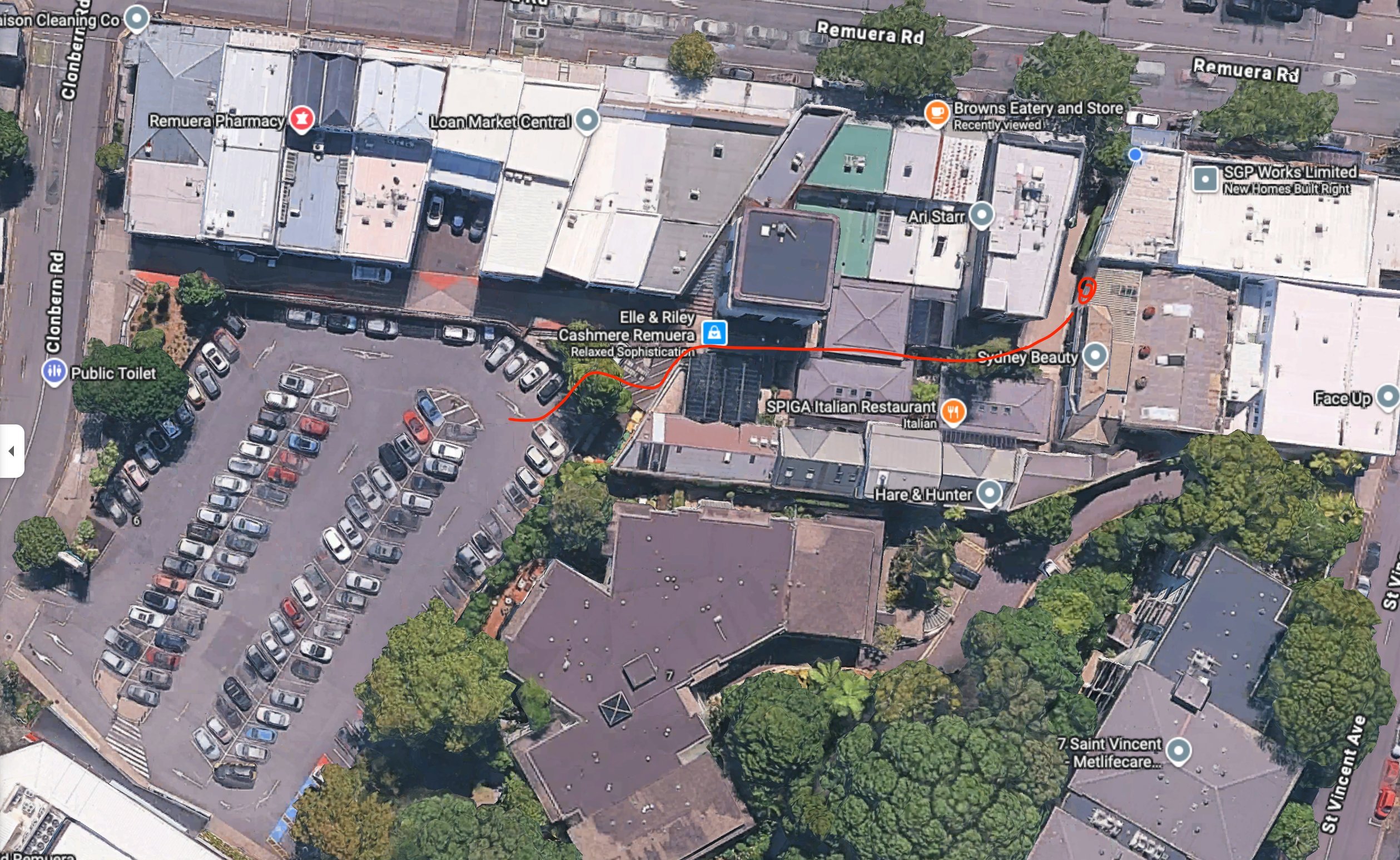Aerial map showing the walk from the New World car park to the Add Value Renovations office at 415 Remuera Road